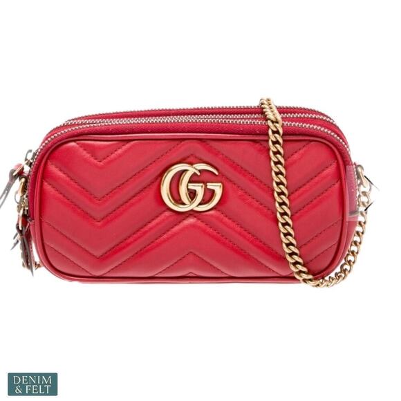 Gucci GG Marmont Mini Red Leather Triple Zip Crossbody Chain Bag/Purse Authentic